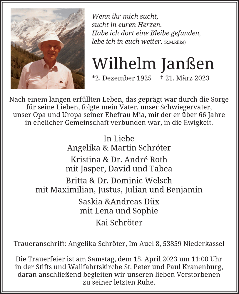  Traueranzeige für Wilhelm Janßen vom 25.03.2023 aus Rheinische Post