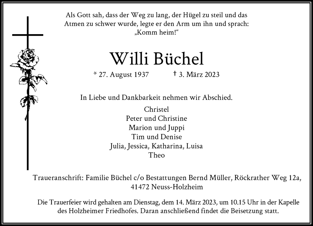  Traueranzeige für Willi Büchel vom 11.03.2023 aus Rheinische Post