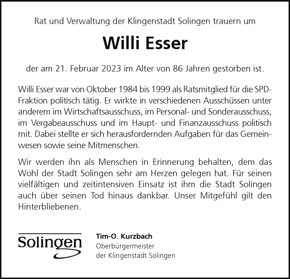  Traueranzeige für Willi Esser vom 23.03.2023 aus Rheinische Post