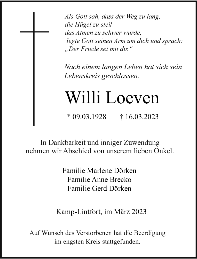  Traueranzeige für Willi Loeven vom 22.03.2023 aus Rheinische Post