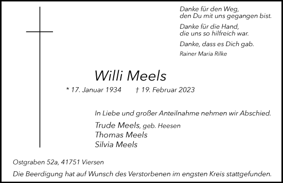 Traueranzeige von Willi Meels von Rheinische Post