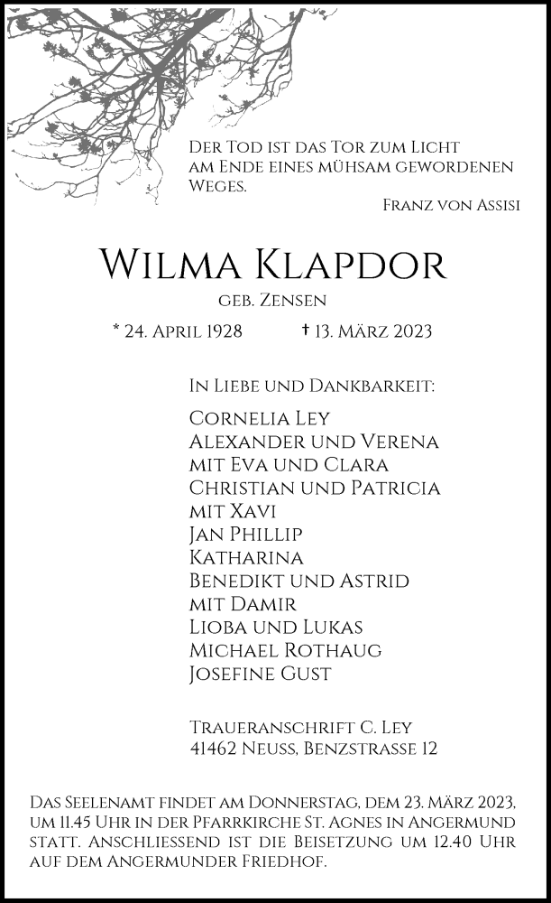  Traueranzeige für Wilma Klapdor vom 18.03.2023 aus Rheinische Post
