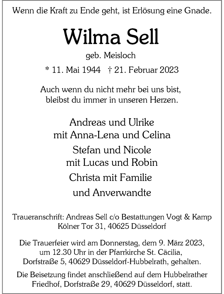  Traueranzeige für Wilma Sell vom 04.03.2023 aus Rheinische Post