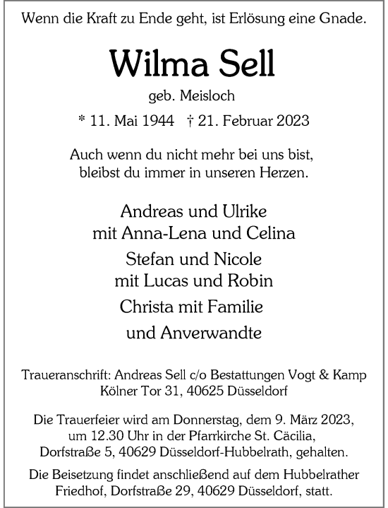 Traueranzeige von Wilma Sell von Rheinische Post