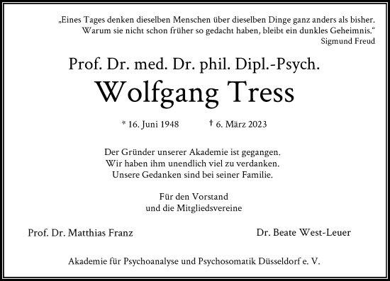 Traueranzeige von Wolfgang Tress von Rheinische Post