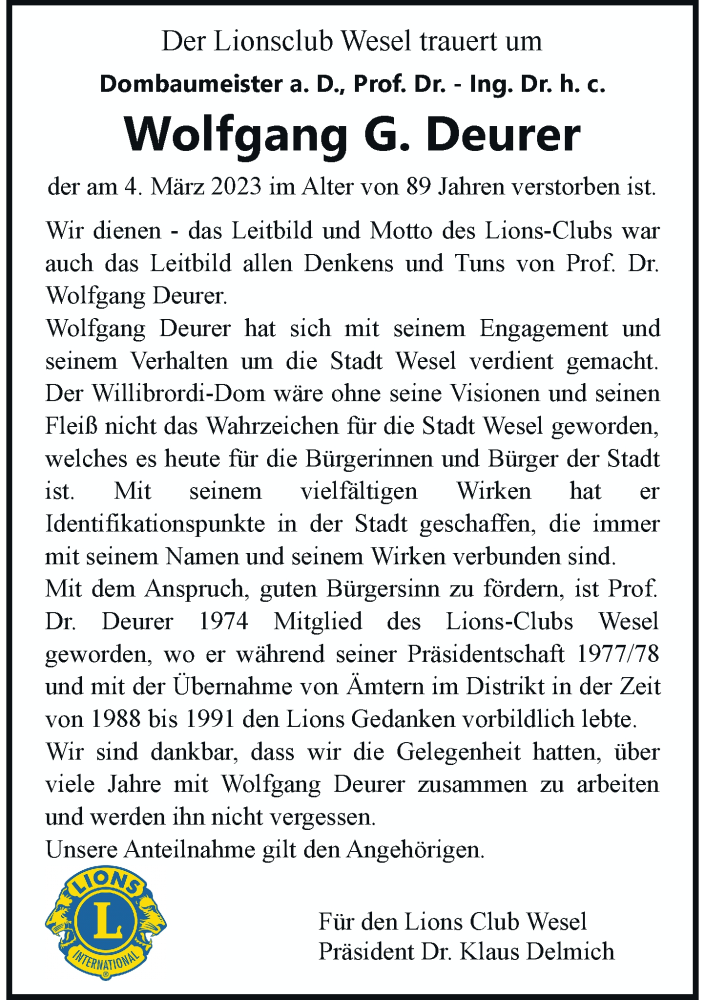  Traueranzeige für Wolfgang G. Deurerr vom 15.03.2023 aus Rheinische Post