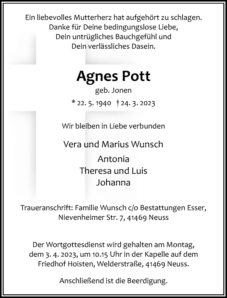  Traueranzeige für Agnes Pott vom 01.04.2023 aus Rheinische Post