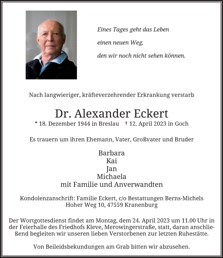  Traueranzeige für Alexander Eckert vom 19.04.2023 aus Rheinische Post