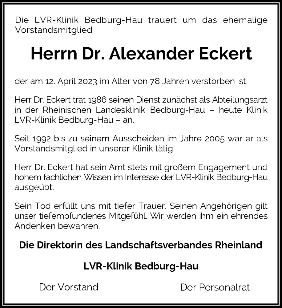  Traueranzeige für Alexander Eckert vom 22.04.2023 aus Rheinische Post