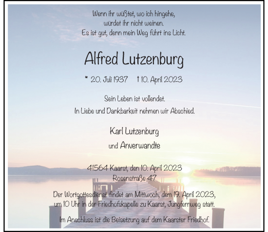 Traueranzeige von Alfred Lutzenburg von Rheinische Post