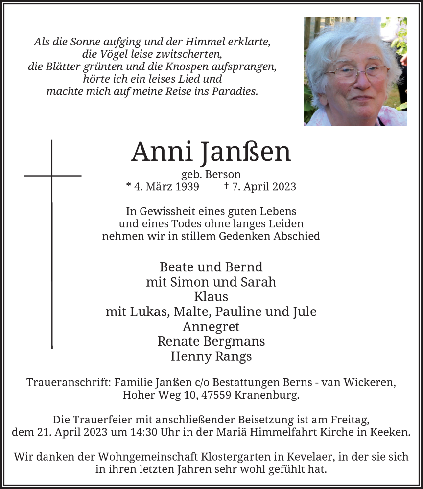  Traueranzeige für Amen Janßen vom 15.04.2023 aus Rheinische Post