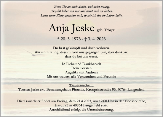 Todesanzeige von anja Jeske von Rheinische Post