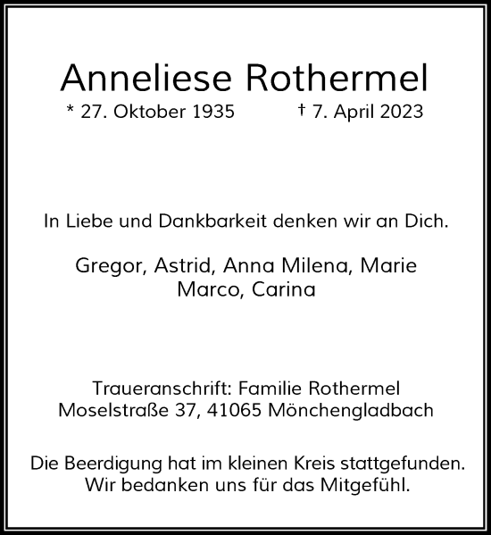 Traueranzeige von Anneliese Rothermel von Rheinische Post