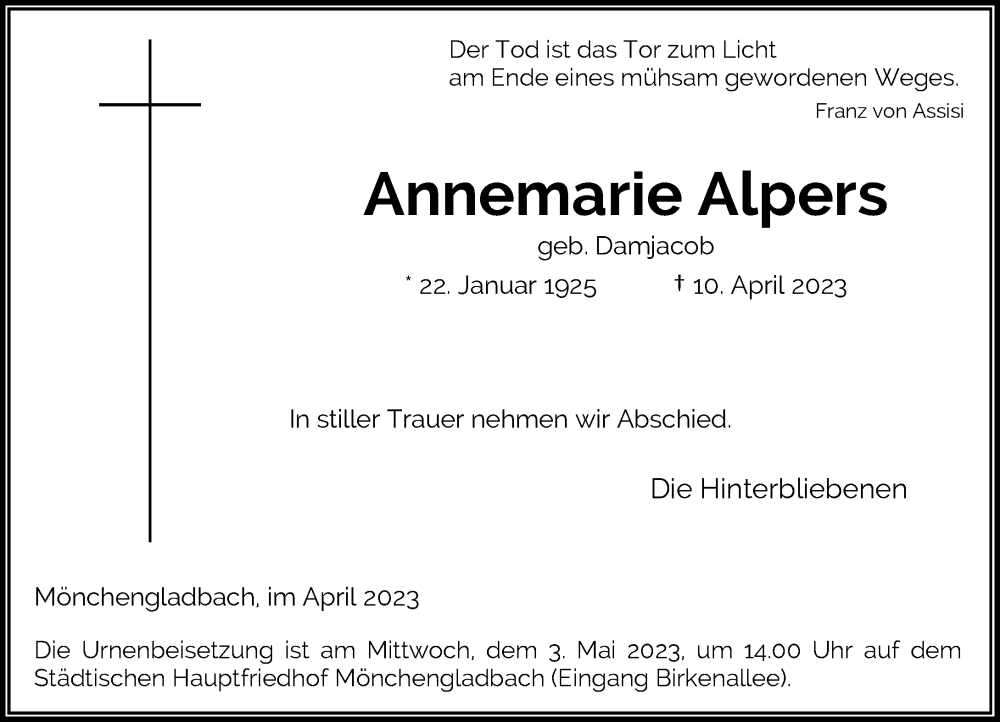  Traueranzeige für Annemarie Alpers vom 29.04.2023 aus Rheinische Post