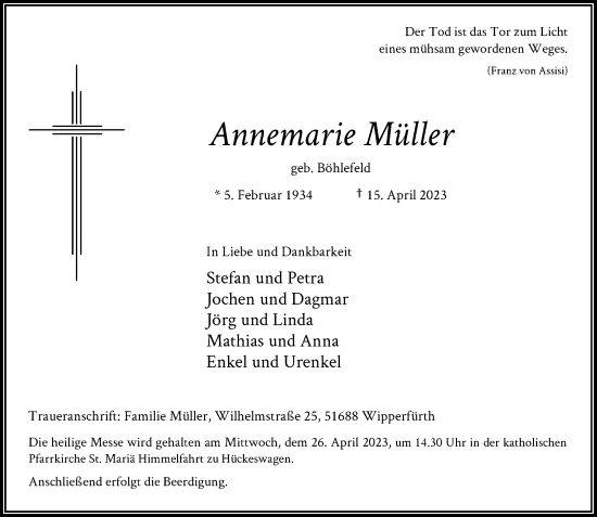 Traueranzeige von Annemarie Müller von Rheinische Post