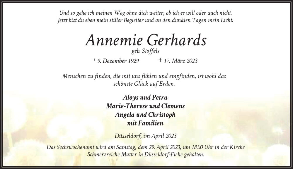  Traueranzeige für Annemie Gerhards vom 22.04.2023 aus Rheinische Post