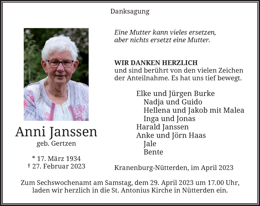  Traueranzeige für Anni Janssen vom 22.04.2023 aus Rheinische Post