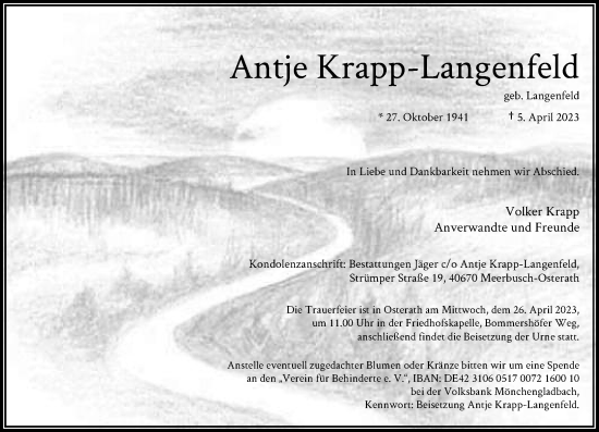 Traueranzeige von Antje Krapp-Langenfeld von Rheinische Post