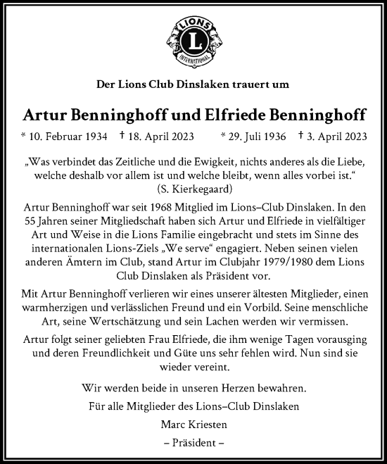 Traueranzeige von Artur und Elfriede  Benninghoff von Rheinische Post
