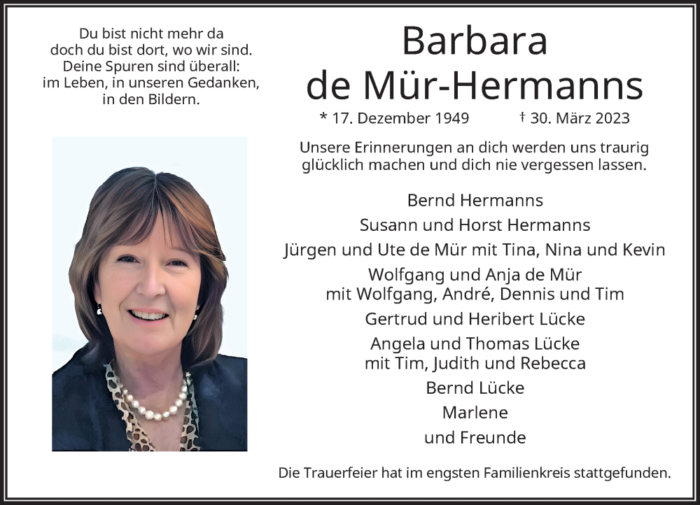  Traueranzeige für Barbara de Mür-Hermanns vom 15.04.2023 aus Rheinische Post