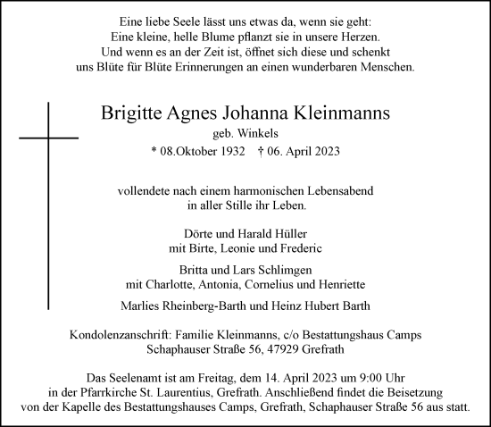 Traueranzeige von Brigitte Agnes Johanna Kleinmanns von Rheinische Post