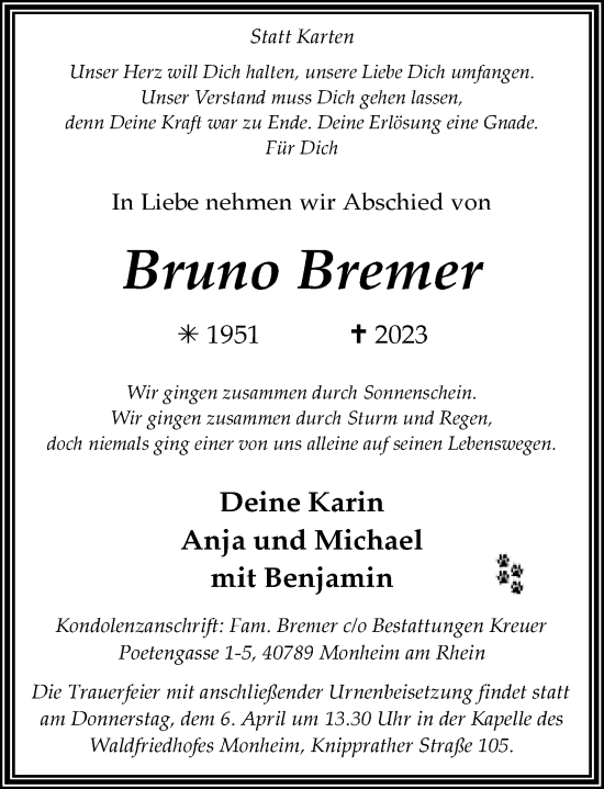 Traueranzeige von Bruno Bremer von Rheinische Post