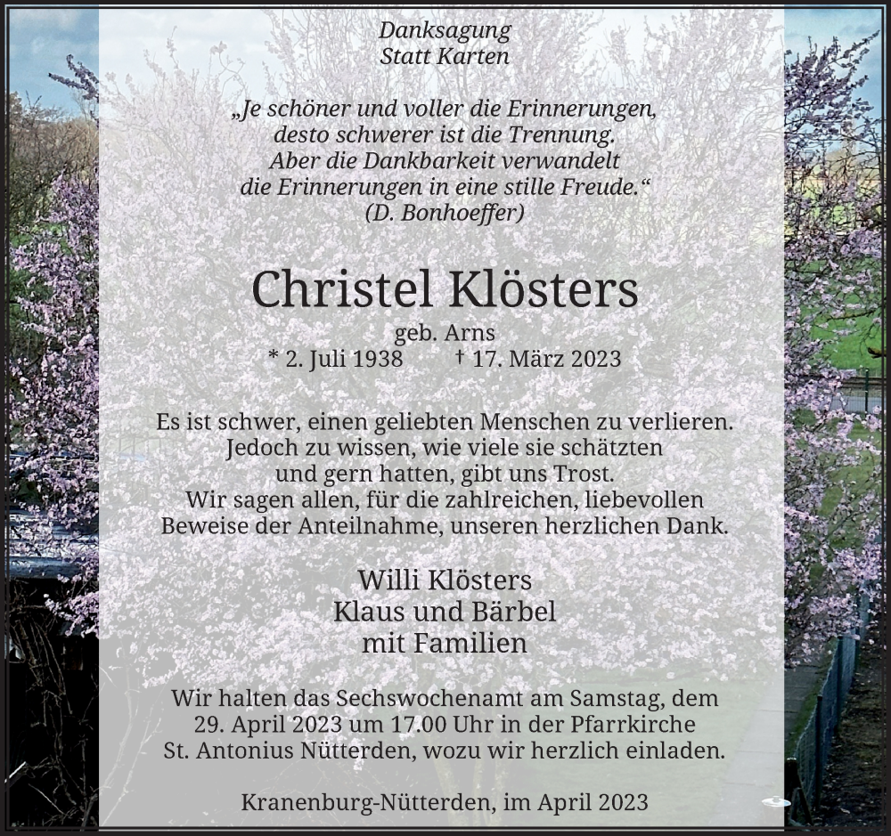  Traueranzeige für Christel Klösters vom 22.04.2023 aus Rheinische Post