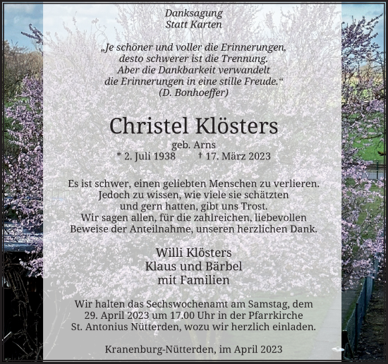Traueranzeige von Christel Klösters von Rheinische Post