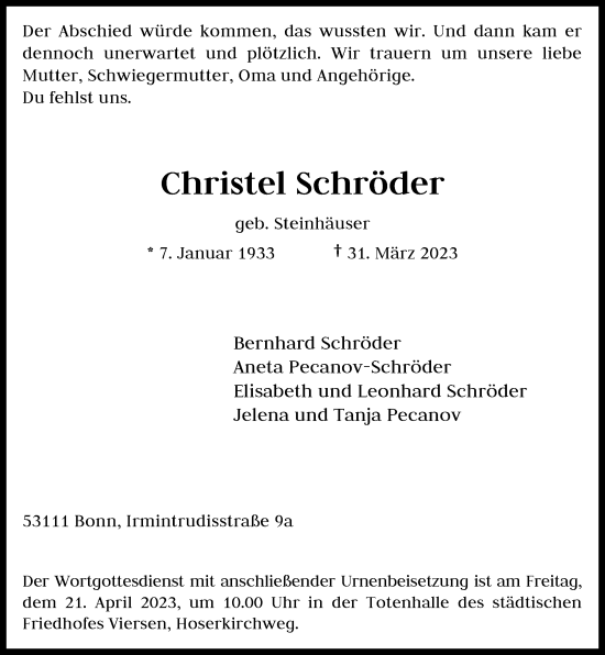 Traueranzeige von Christel Schröder von Rheinische Post