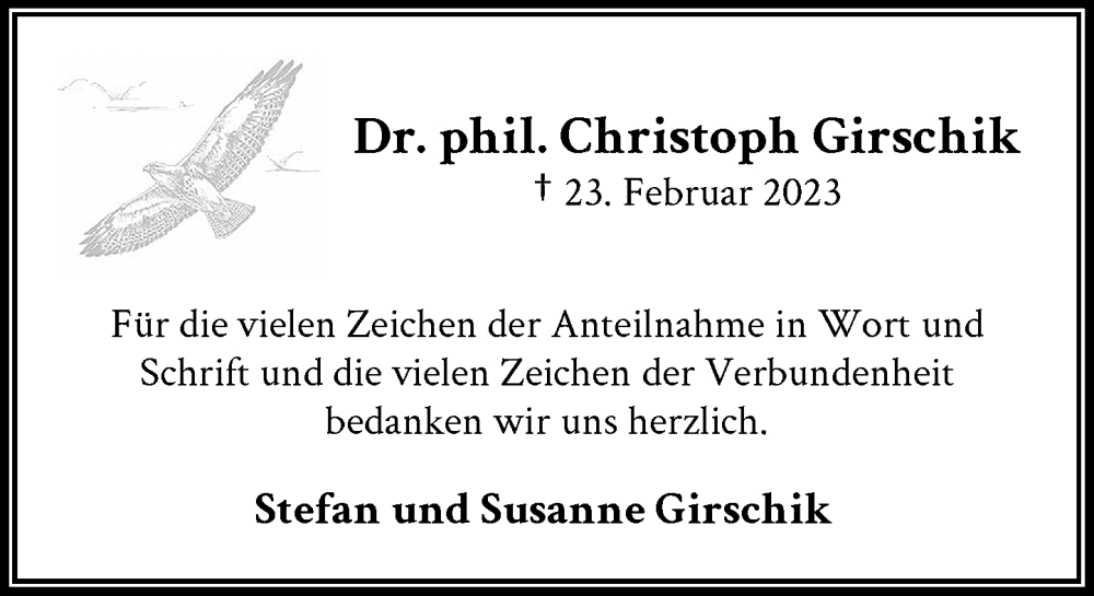  Traueranzeige für Christoph Girschik vom 15.04.2023 aus Rheinische Post