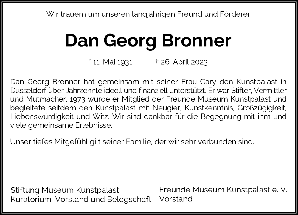  Traueranzeige für Dan Georg Bronner vom 29.04.2023 aus Rheinische Post