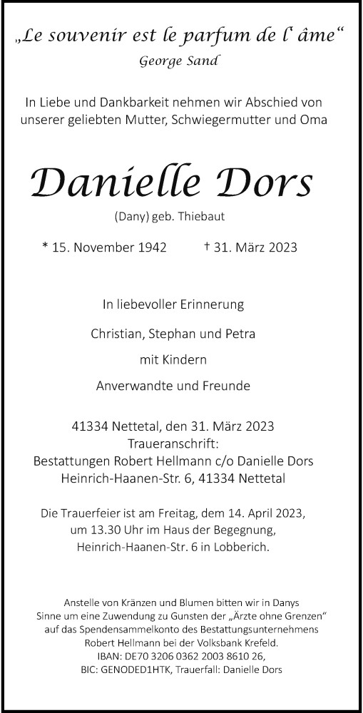  Traueranzeige für Danielle Dors vom 08.04.2023 aus Rheinische Post
