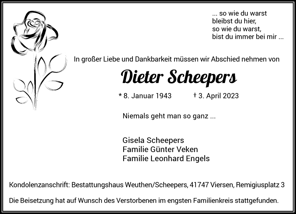  Traueranzeige für Dieter Scheepers vom 29.04.2023 aus Rheinische Post