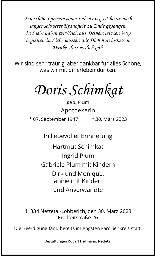  Traueranzeige für Doris Schimkat vom 08.04.2023 aus Rheinische Post