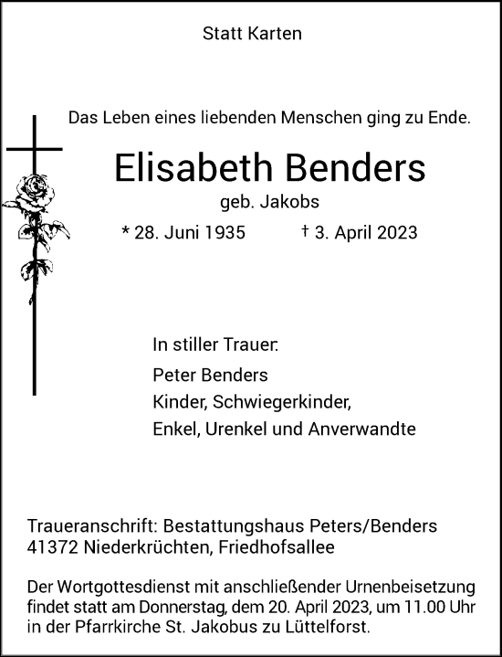 Traueranzeige von Elisabeth Benders von Rheinische Post
