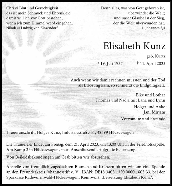 Traueranzeige von Elisabeth Kunz von Rheinische Post