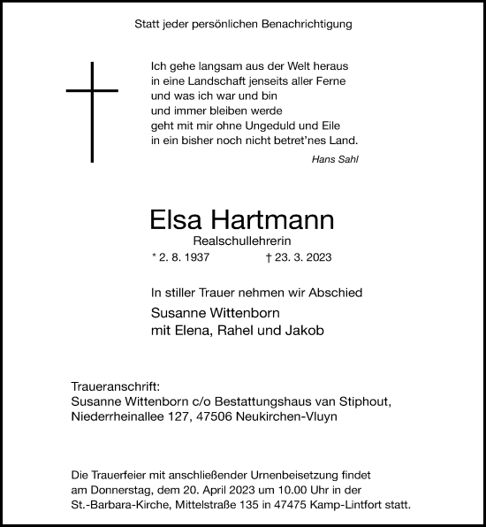 Traueranzeige von Elsa Hartmann von Rheinische Post