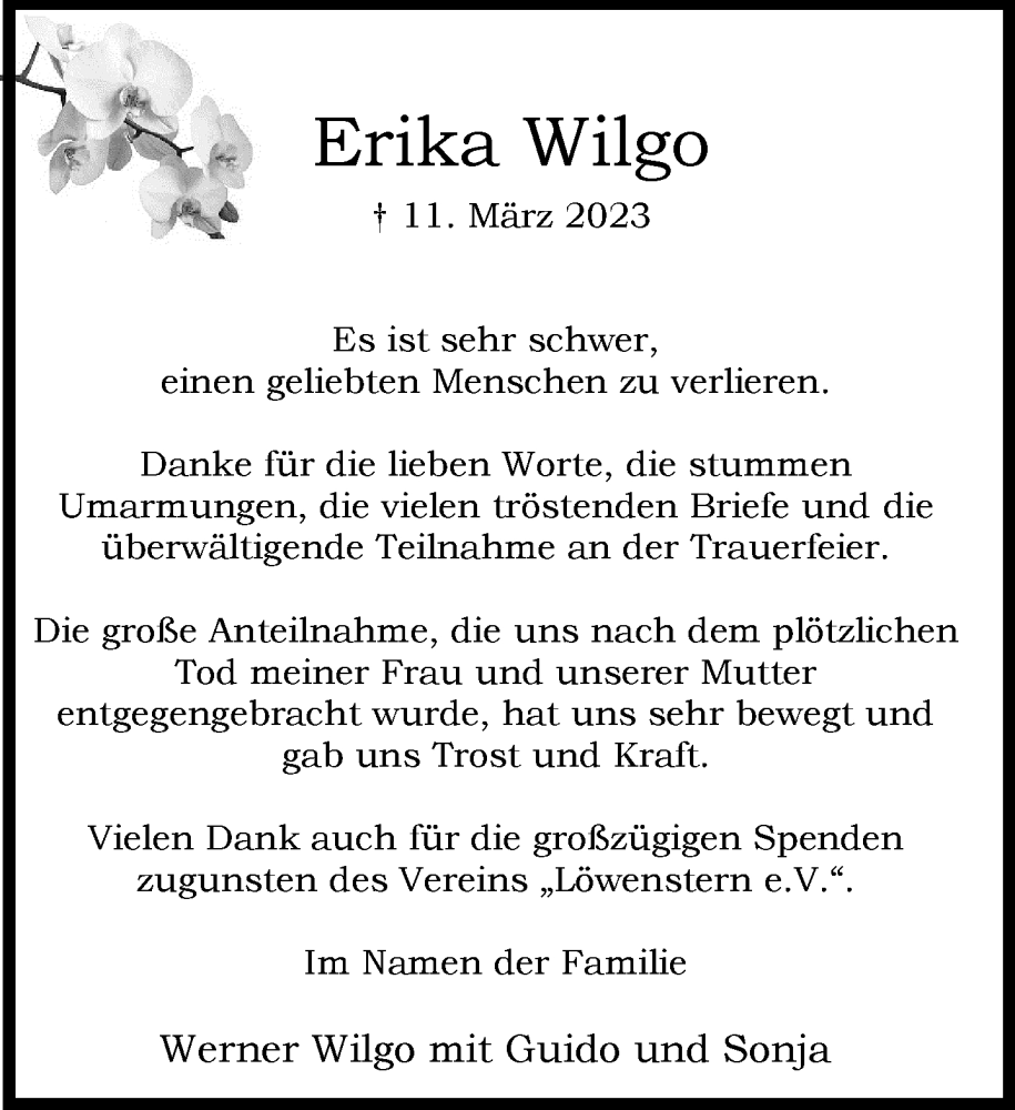  Traueranzeige für Erika Wilgo vom 22.04.2023 aus Rheinische Post