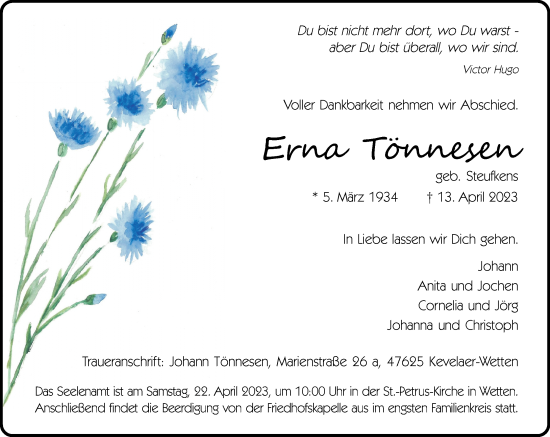 Traueranzeige von Erna Tönnesen von Rheinische Post