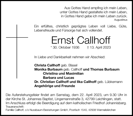 Traueranzeige von Ernst Callhoff von Rheinische Post