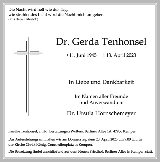 Traueranzeige von Gerda Tenhonsel von Rheinische Post
