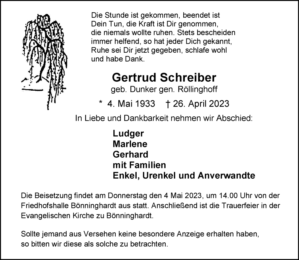  Traueranzeige für Gertrud Schreiber vom 29.04.2023 aus Rheinische Post