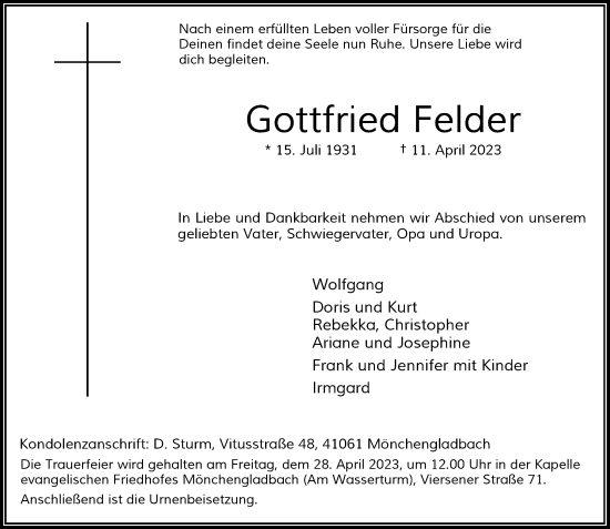 Traueranzeige von Gottfried Felder von Rheinische Post