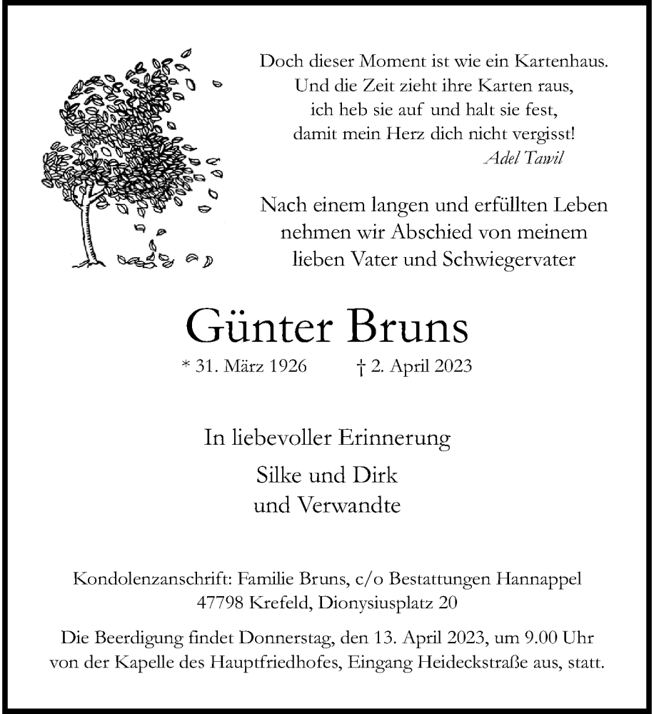  Traueranzeige für Günter Bruns vom 08.04.2023 aus Rheinische Post