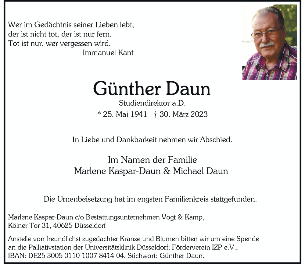  Traueranzeige für Günther Daun vom 22.04.2023 aus Rheinische Post