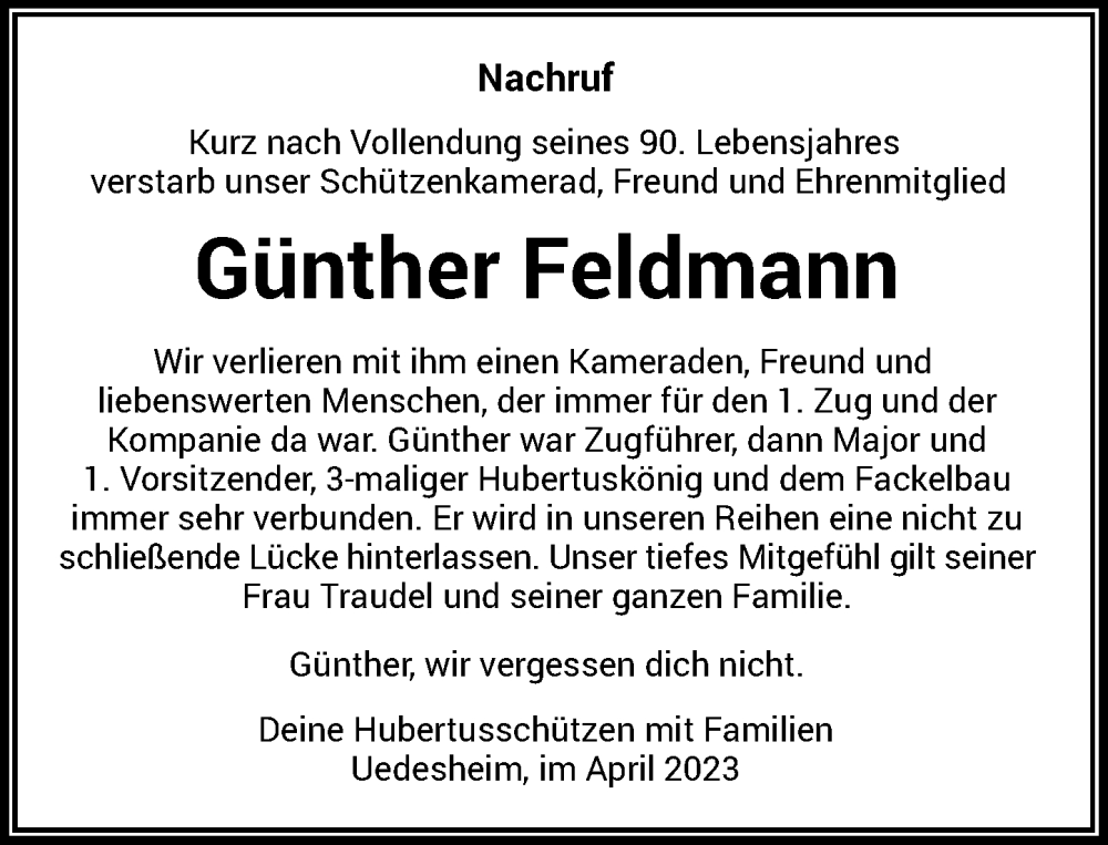  Traueranzeige für Günther Feldmann vom 15.04.2023 aus Rheinische Post