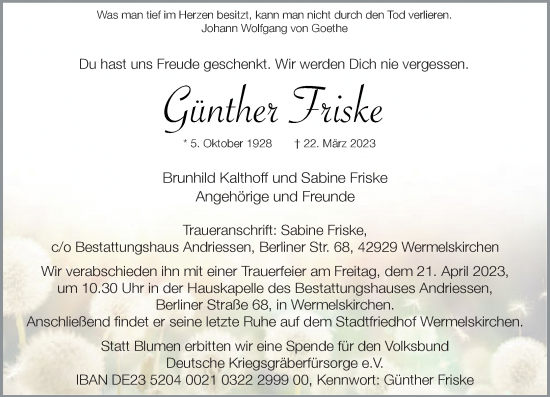 Traueranzeige von Günther Friske von Rheinische Post