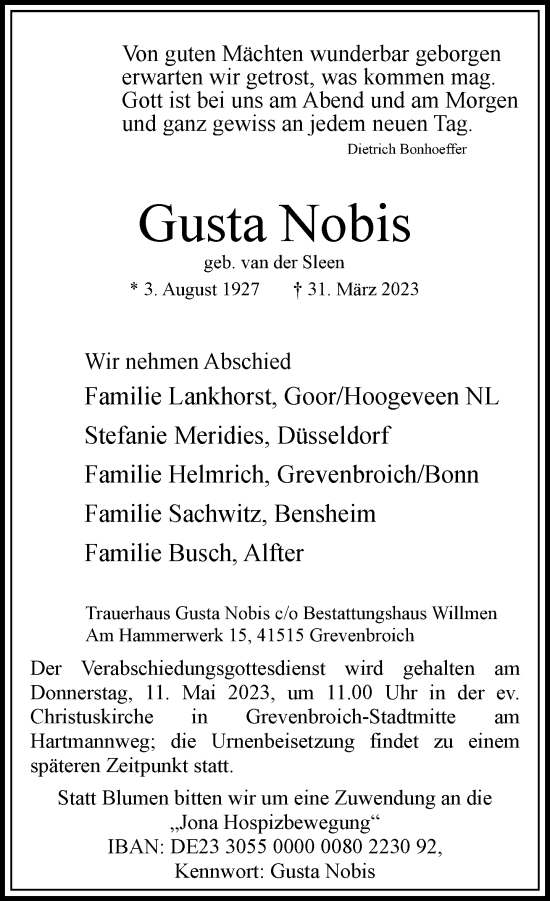 Traueranzeige von Gusta Nobis von Rheinische Post