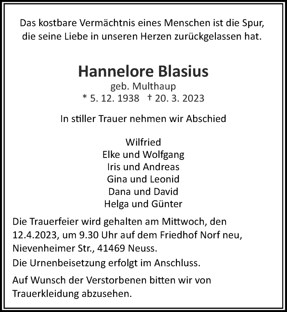  Traueranzeige für Hannelore Blasius vom 08.04.2023 aus Rheinische Post