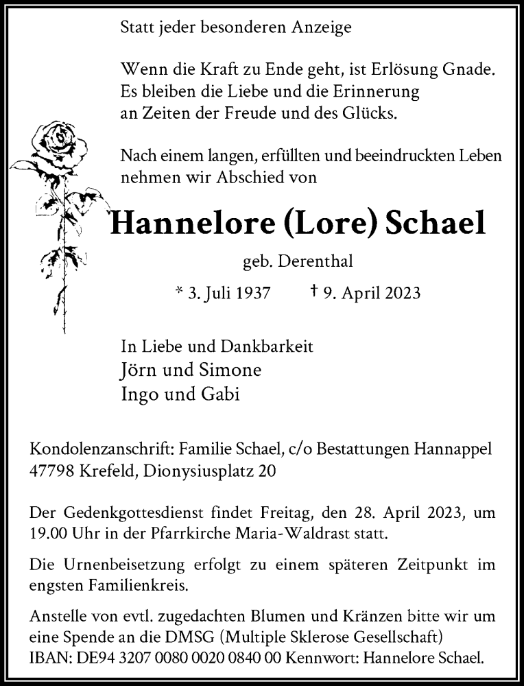  Traueranzeige für Hannelore  Schael vom 15.04.2023 aus Rheinische Post